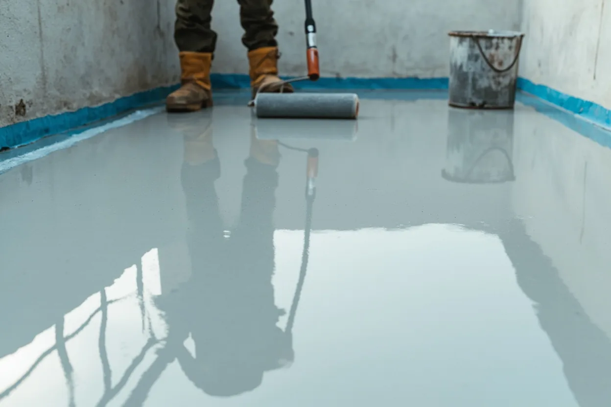 Applicazione a rullo di resina impermeabilizzante su un balcone